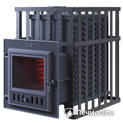 Дровяная банная печь Гефест ЗК в сетке-18 (М) чугунная дверца со стеклом, запатентованная каменка сетка в Белгороде